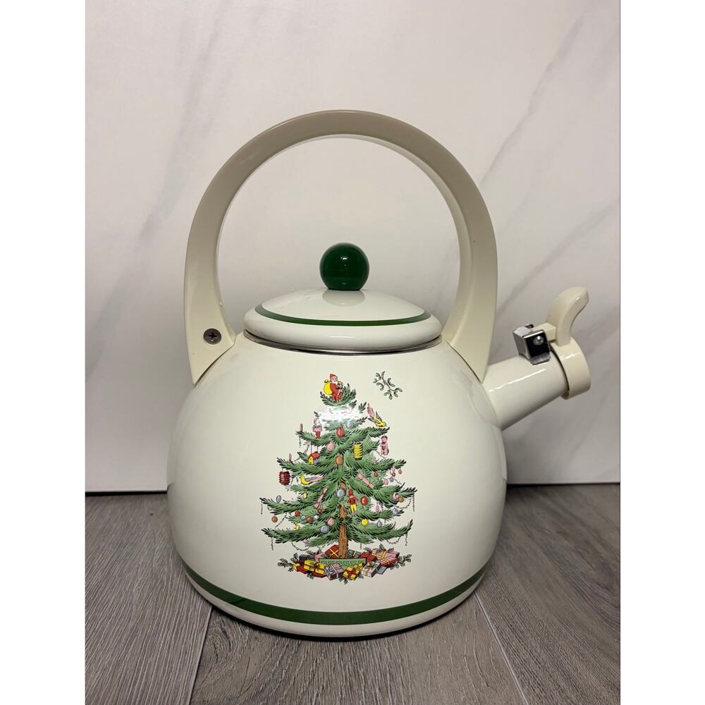 Spode Christmas Tree Whistling Tea Kettle Porcelain Enamel on Steel